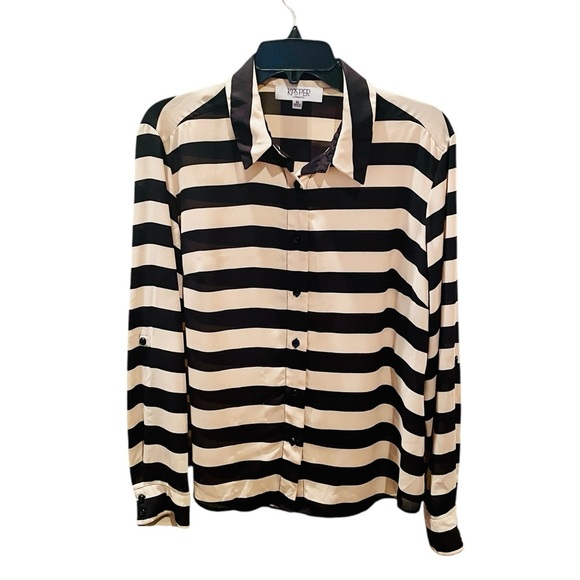 Kasper Separates roll tab sleeve button down blouse M tan black stripe flowy - Picture 1 of 10